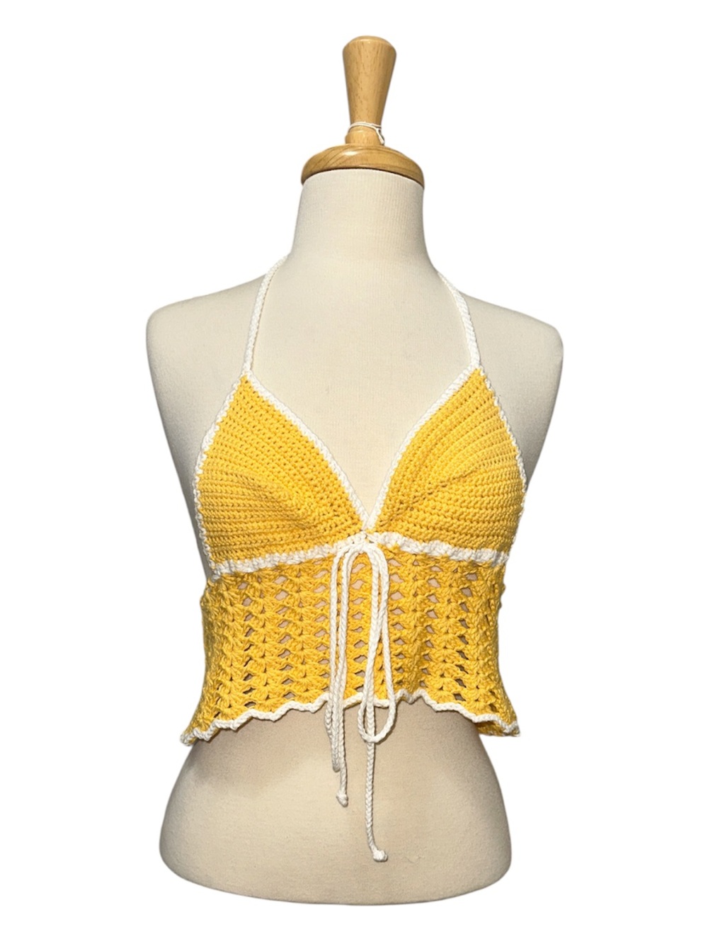 Hand Crafted Yellow Crochet Halter Crop Top with White Trim